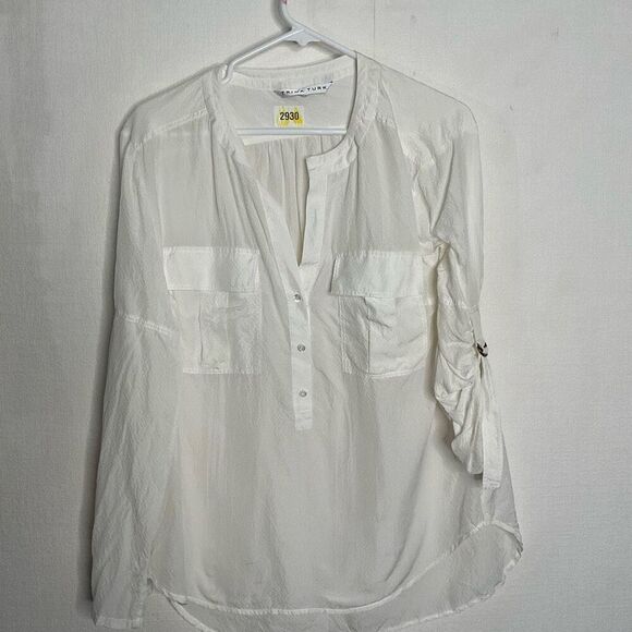 TRINA TURK Top Womens L Jemison Collarless Roll-Tab Sleeve‎ Henley Blouse Ivory - Picture 7 of 11
